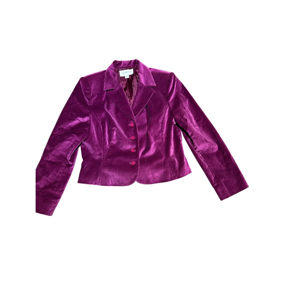 Liz Claiborne Purple Velvet Blazer Jacket Rose Buttons Petite Size 12P Vintage